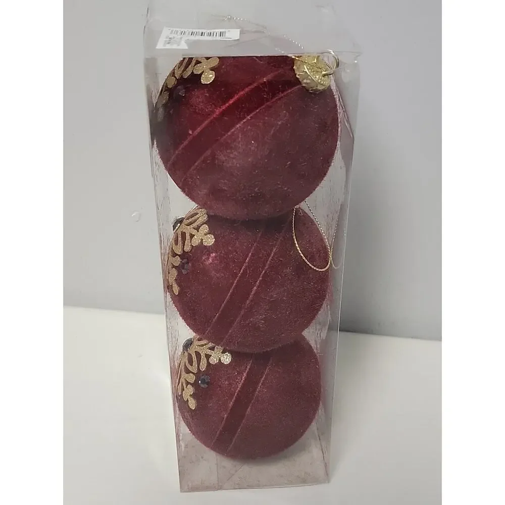 Winter Wonder Lane Festive Bloom Collection 3 pc Velvet Burgundy Ornaments
